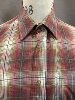 WINDRIDGE, Red Burgundy, White, Black, Olive Green, Poly/Cotton, Plaid, C.A., B.F., L/S, 1 Chest Patch Pocket