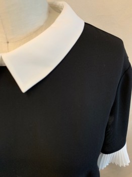Womens, Blouse, CECE, Black, White, Polyester, Color Blocking, Solid, XL, Keyhole Button Back, 1 Button, Peter Pan Collar, Pleated Sleeve Flounce, Sheer, MULTIPLE