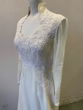 Womens, Wedding Dress, N/L MTO, Off White, Silk, Solid, Floral, W:24, B:32, H:36, Chiffon, Swirled Floral Appliques Around Chest, Bust, Neck and Sleeves, Long Sleeves, Stand Collar with Scoop Neck, Empire Waist, Floor Length, Pleated Material at Hem,
