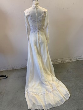 Womens, Wedding Dress, N/L MTO, Off White, Silk, Solid, Floral, W:24, B:32, H:36, Chiffon, Swirled Floral Appliques Around Chest, Bust, Neck and Sleeves, Long Sleeves, Stand Collar with Scoop Neck, Empire Waist, Floor Length, Pleated Material at Hem,
