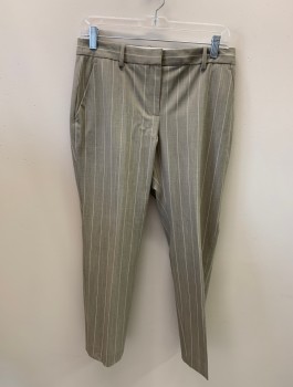 Womens, Suit, Pants, THEORY, Lt Gray, White, Wool, Cupro, Stripes - Vertical , 4, F.F, Belt Loops, Button Tab, 4 Pockets,