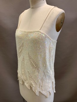 Womens, Evening Tops, SWEE LO, Cream, Silk, Sequins, B:34, S, Spaghetti Strap, Jagged Hem with Small Pearl & Leaf Detail