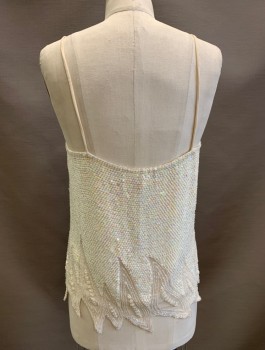 Womens, Evening Tops, SWEE LO, Cream, Silk, Sequins, B:34, S, Spaghetti Strap, Jagged Hem with Small Pearl & Leaf Detail