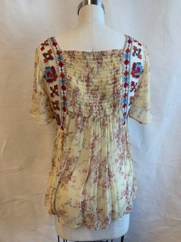 Womens, Top, ZARA, Cream, Multi-color, Synthetic, Floral, Geometric, S, Square Neck, S/S, Sheer, Orange, Red, Light Blue, Green Geo Pattern Embroidery