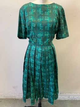 NL, Kelly Green, Lt Gray, Forest Green, Navy Blue, Rayon, Abstract , Boat Necklime, Short Sleeves, A-Line Skirt, Pleated Skirt, Zip Back, Hem Below Knee