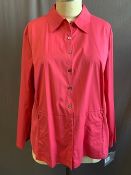 Womens, Blouse, ANNE KLEIN, Fuchsia Pink, Cotton, Nylon, Solid, 24W, Button Front, Collar Attached, Long Sleeves, 2 Hidden Zip Pockets