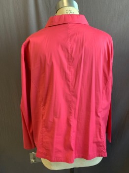 Womens, Blouse, ANNE KLEIN, Fuchsia Pink, Cotton, Nylon, Solid, 24W, Button Front, Collar Attached, Long Sleeves, 2 Hidden Zip Pockets