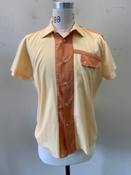 Mens, Casual Shirt, Drobeta, Melon Orange, Sienna Brown, Poly/Cotton, Solid, C44, S/S, Contrast Yoke, button Panel,one Asymmetrical Left Chest Pocket and Stripe ,pearl Button Down