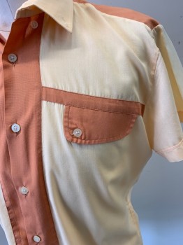 Mens, Casual Shirt, Drobeta, Melon Orange, Sienna Brown, Poly/Cotton, Solid, C44, S/S, Contrast Yoke, button Panel,one Asymmetrical Left Chest Pocket and Stripe ,pearl Button Down