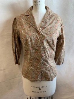Womens, Shirt, MTO, Tan Brown, Brown, Cream, Lt Yellow, Sienna Brown, Cotton, Floral, W32, B34, 1930s, Neutral Color Floral, 3/4 Sleeves, Button Front, Collar Attached, *MULTIPLES*