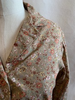 Womens, Shirt, MTO, Tan Brown, Brown, Cream, Lt Yellow, Sienna Brown, Cotton, Floral, W32, B34, 1930s, Neutral Color Floral, 3/4 Sleeves, Button Front, Collar Attached, *MULTIPLES*