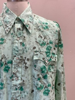 Mens, Shirt, NO LABEL, Mint Green, Green, Gray, Dk Gray, Polyester, Cotton, Floral, XL, L/S, Snap Button Front, Collar Attached, Chest Pockets