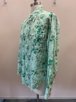 NO LABEL, Mint Green, Green, Gray, Dk Gray, Polyester, Cotton, Floral, L/S, Snap Button Front, Collar Attached, Chest Pockets