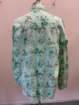 NO LABEL, Mint Green, Green, Gray, Dk Gray, Polyester, Cotton, Floral, L/S, Snap Button Front, Collar Attached, Chest Pockets