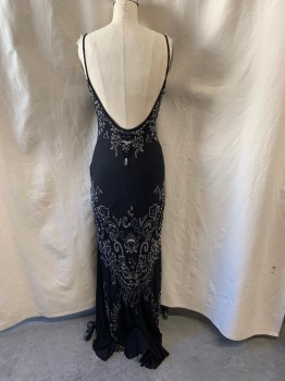 Womens, Evening Gown, SUE WONG , Black, Silk, 6, V-neck, Spaghetti Straps, Navy, White. & Silver Beaded Bodice & From the Hips Down, Beaded Tassel on Center Bust, Low Back, Zip Side, Floor Length