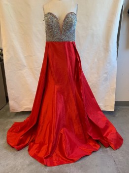 Womens, Evening Gown, JOVANI, Red, Silver, Polyester, Rhinestones, Solid, 4, Strapless, Sweetheart Neckline with Sheer Mesh Panel, Rhinestone Bust, Cape-like Train