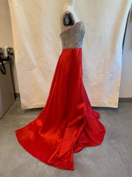 Womens, Evening Gown, JOVANI, Red, Silver, Polyester, Rhinestones, Solid, 4, Strapless, Sweetheart Neckline with Sheer Mesh Panel, Rhinestone Bust, Cape-like Train