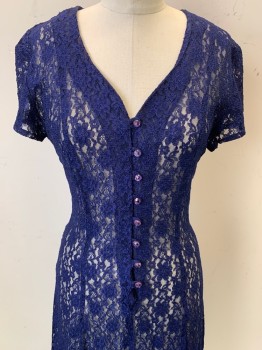 Womens, Dress, NO LABEL, Navy Blue, Polyester, Cotton, Floral, W26, B28, S/S, V Neck, Purple Gem Button Front, Full Lace, Back Cross Tie