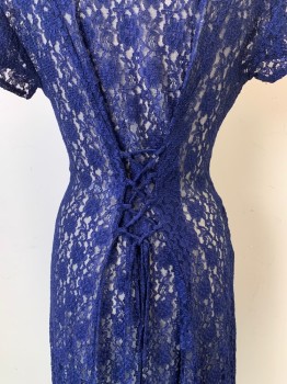 Womens, Dress, NO LABEL, Navy Blue, Polyester, Cotton, Floral, W26, B28, S/S, V Neck, Purple Gem Button Front, Full Lace, Back Cross Tie