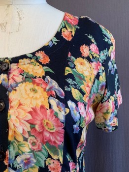 STARINA, Black, Multi-color, Rayon, Floral, Scoop Neck, S/S, Button Front, Pink, Light Orange, and Light Blue Flowers