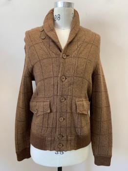 RALPH LAUREN, Brown, Dk Brown, Wool, Grid , Sweater Knit, B.F., Shawl Collar, 2 Flap Pockets, Suede Elbow Patches, Rib Knit Trim Cuffs And Waistband,