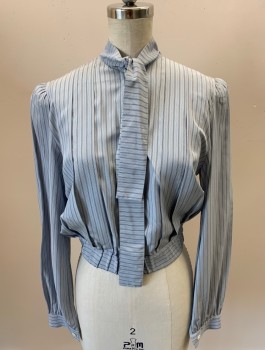 KRIZIA, Lt Blue, Periwinkle Blue, Black, Silk, Stripes, C.A., with Self-Tie Neck, Covered B.F. Placket, Pleated Front & Back, Shoulder Pads, 2" Elastic Waistband, Bishop Sleeve