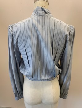 KRIZIA, Lt Blue, Periwinkle Blue, Black, Silk, Stripes, C.A., with Self-Tie Neck, Covered B.F. Placket, Pleated Front & Back, Shoulder Pads, 2" Elastic Waistband, Bishop Sleeve
