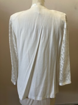 PERCEPTIONS, White. Round Neck, Solid Shirt Underlay, Sheer L/S, Open Front With Decorative Button, Padded Shoulder