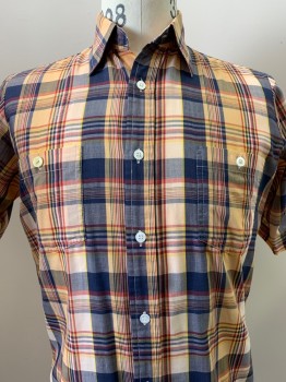 ANDHURST, Peach Orange, Navy Blue, Yellow, Polyester, Cotton, Plaid, S/S, Button Front, Collar Attached, Chest Pockets
