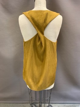 Womens, Top, COS, Dijon Yellow, Cupro, Silk, 4, Plisse Crinkle Texture, Square Cowl Neckline, Sleeveless, Twisted Racer Back
