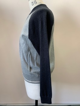 Mens, Cardigan Sweater, James Perse , Heather Gray, Graphite Gray, Bone White, Cotton, Cashmere, Solid, M, Zip Front, 2 Tone Gray "baseball "styled Sweater, Ribbed Collar and Ribbed Band with White Stripe on Waist.