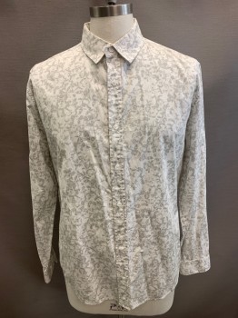 ELIE TAHARI, Off White, Lt Gray, Cotton, Floral, Faded, Long Sleeves, Button Front, 7 Buttons, 3 Button Cuffs, Faded Blurry Pattern, **Small Stain on Left Cuff
