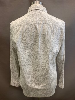 ELIE TAHARI, Off White, Lt Gray, Cotton, Floral, Faded, Long Sleeves, Button Front, 7 Buttons, 3 Button Cuffs, Faded Blurry Pattern, **Small Stain on Left Cuff
