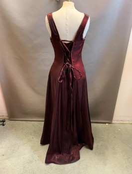 Womens, Evening Gown, TADASHI, Iridescent Red, Silk, Solid, 28, B34, Sleeveless, Bateau/Boat Neck, Side Zipper, Lace Back, Long