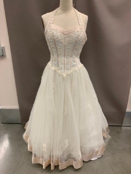 Womens, Wedding Gown, DAVID'S BRIDAL, White, Polyester, 12, Sweetheart Neckline, Halter Top, Blush Pink Trim, Boning, Lace Appliqué With Pearl Beading, Tulle Skirt, Button Back, Large Bow At Back *Stained Skirt