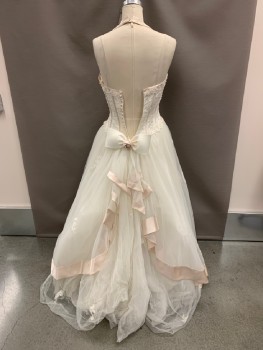 Womens, Wedding Gown, DAVID'S BRIDAL, White, Polyester, 12, Sweetheart Neckline, Halter Top, Blush Pink Trim, Boning, Lace Appliqué With Pearl Beading, Tulle Skirt, Button Back, Large Bow At Back *Stained Skirt