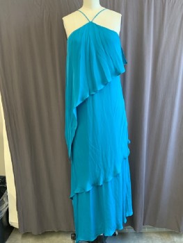 Womens, Evening Gown, HALSTON, Turquoise Blue, Silk, Solid, S, V Front Neck Line With Spaghetti Straps, Asymmetrical Ruffles Across Front And Back, Side Zip, Hem Maxi
