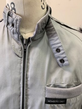 Mens, Windbreaker, MEMBERS ONLY, Gray, Poly/Cotton, Solid, 38, Zip front, Woven Banding Around Neck, Waist, and Cuffs
