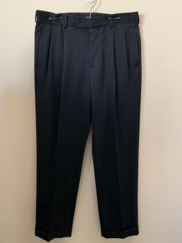BROOKS BROTHERS, Midnight Blue, Polyester, Cotton, Solid, Pleated Front, Side Pockets, Zip Front, Belt Loops,