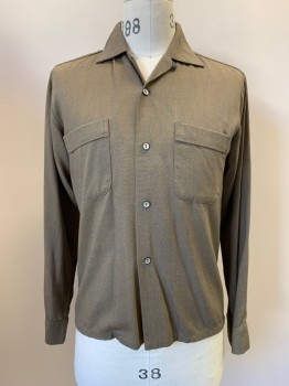 Mens, Casual Shirt, DA VINCI, Khaki Brown, Navy Blue, Cotton, Polyester, 2 Color Weave, M, L/S, Button Front, Collar Attached, Chest Pockets