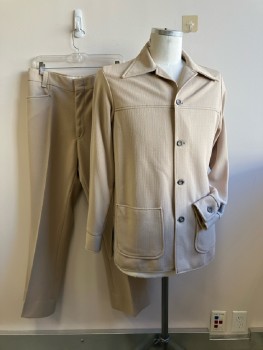 MICHAEL GRAY LTD., Khaki Double Knit Poly, Leisure Style, SB. C.A., L/S with button Cuffs, 3 Pckts, Side Slits, All with Dark Brown Topstitch Detail