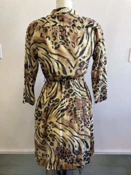 CALIFORNIA DESIGN, Black, Beige, Brown, Polyester, Cotton, Animal Print, C.A., B.F., L/S, Chest Pocket, Elastic Waist Band, Pleated Skirt, Side Pockets