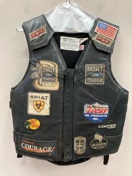 Mens, Leather Vest, RIDE RITE, M, Black Leather with Thick Heavy Foam Panel Inserts, Zip Front with Velcro Placket, Velcro Close At Front Yoke/Sides, Patches, Nylon Side Cinches And Buckles