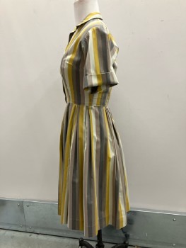 MTO, Musard/tan/cocoa/drk Brown Vertical Stripe Cotton, B.F. Neck To Hem, C.A., Cuffed S/S, Fitted Bodice, Belt Loops, Full Pleated Skirt