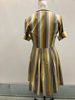 MTO, Musard/tan/cocoa/drk Brown Vertical Stripe Cotton, B.F. Neck To Hem, C.A., Cuffed S/S, Fitted Bodice, Belt Loops, Full Pleated Skirt