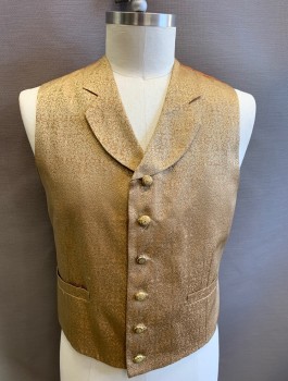 Mens, Historical Fiction Vest, N/L MTO, Gold, Champagne, Polyester, Swirl , 42, Brocade, Notched Lapel, 6 Unusual Yellow Buttons, 2 Welt Pockets, Back is Orange Dupioni, Lining is Brown Satin, Multiples