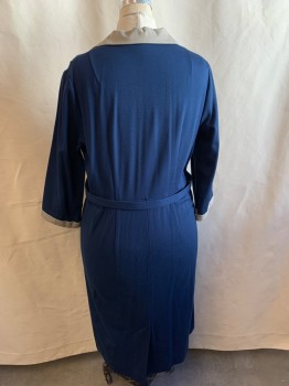 N/L, Blue, Taupe, Cotton, Solid, Blue with Taupe Collar and Cuffs, Long Sleeves, 5 Navy with Gold Buttons Down Front, 1 Snap at Waist for Belt, with Matching Belt, Made To Order,