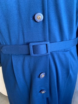 N/L, Blue, Taupe, Cotton, Solid, Blue with Taupe Collar and Cuffs, Long Sleeves, 5 Navy with Gold Buttons Down Front, 1 Snap at Waist for Belt, with Matching Belt, Made To Order,