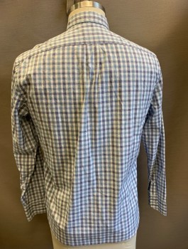 Mens, Casual Shirt, J CREW, White, Slate Blue, Navy Blue, Cotton, Elastane, Check , L, Long Sleeves, Button Front, Collar Attached, Button Down Collar, 1 Patch Pocket