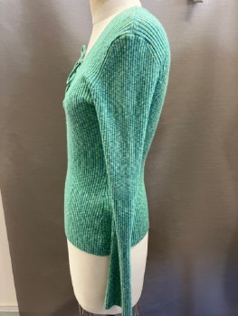 Womens, Pullover, N/L, Mint Green, Turquoise Blue, Polyester, Heathered, S, Rib Knit, V-N, with Self Lacing CF Placket, L/S,